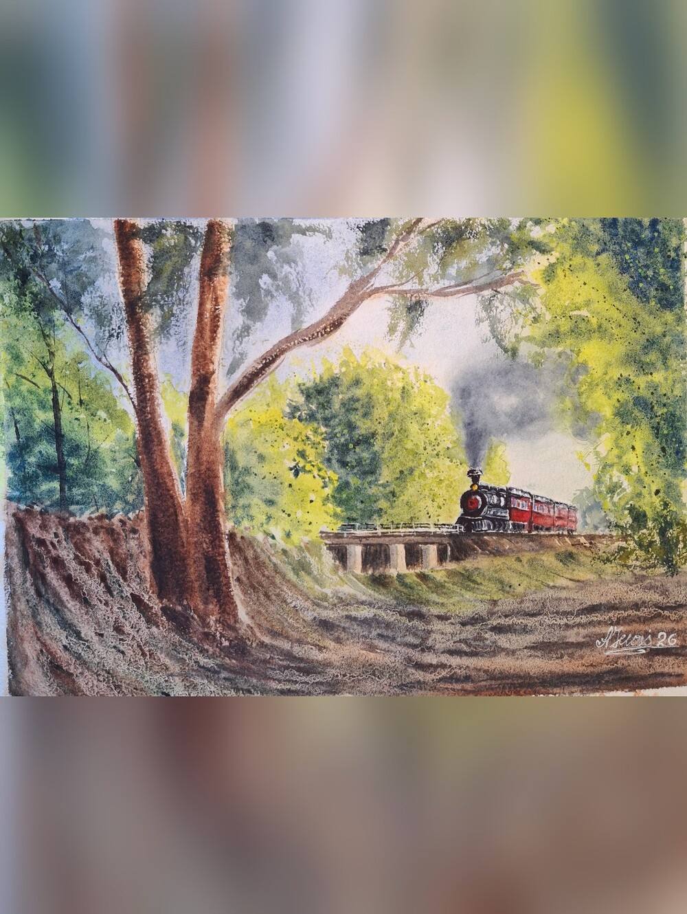 Original watercolor painting Skunk Train